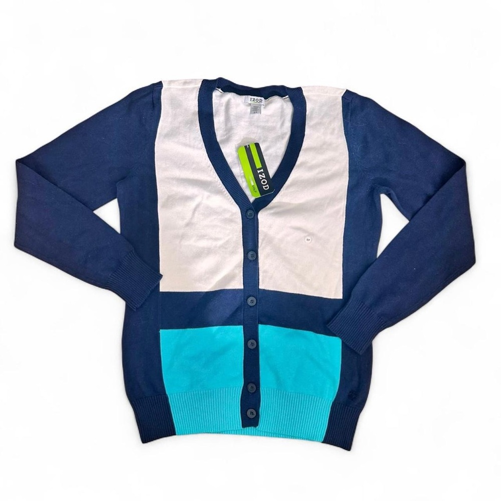 New!!! IZOD Navy blue and white striped soft cardigan sweater